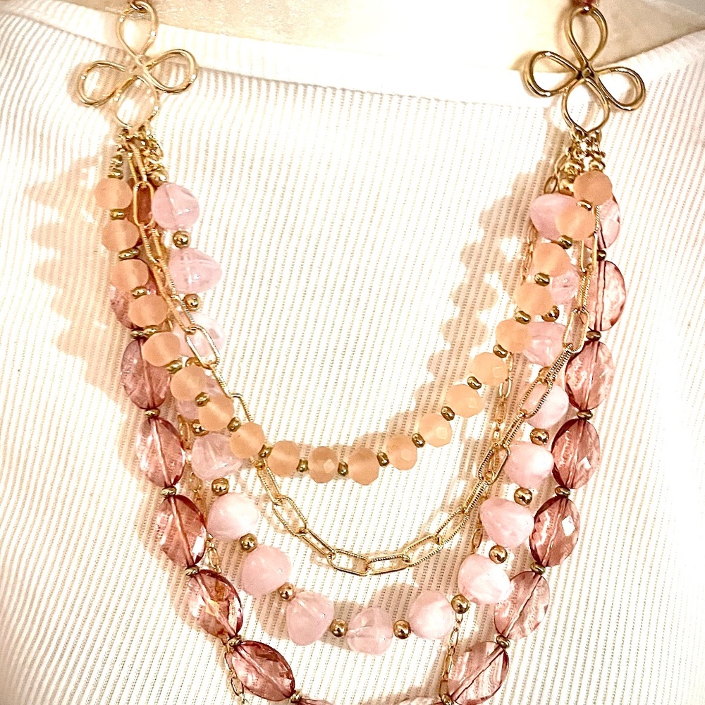 Vintage Cato 1946 Statement Necklace 5 Strand Pink Jewel Stones Deco Gold Chain